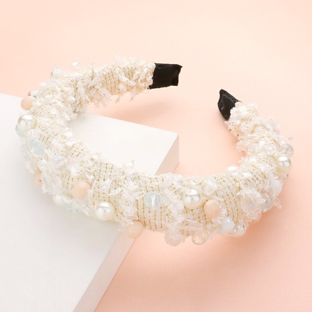 123. Ivory White Distress Pearl Multi Bead Embellished Headban